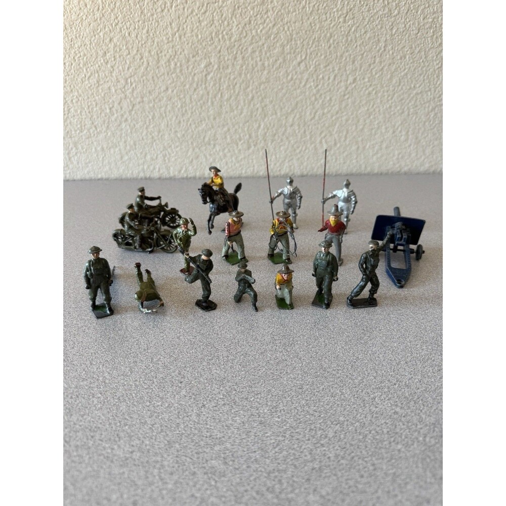 Vintage Britains England Lead Toy Soldiers Cowboys Knights Motorcycle Cannon Lot